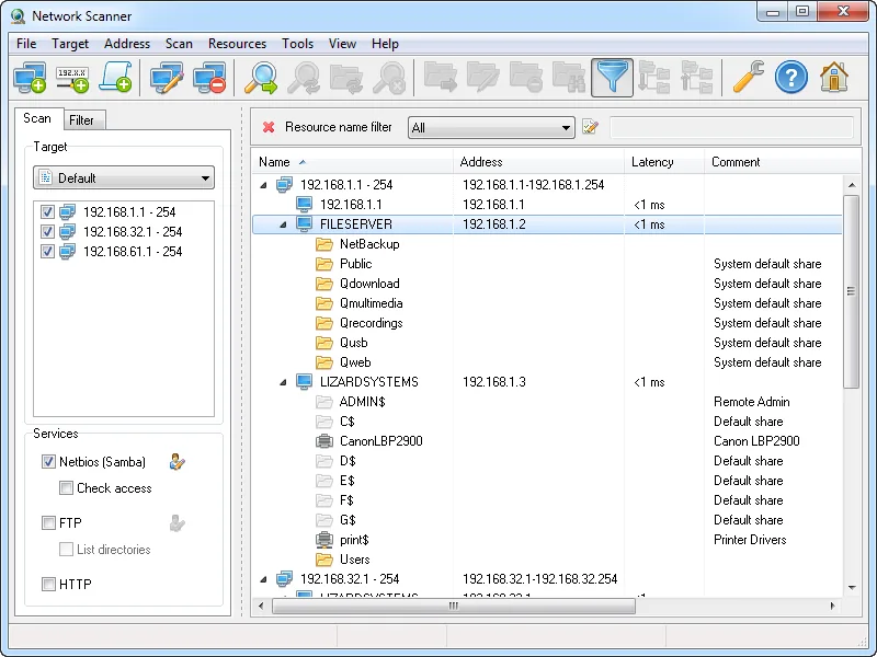 LizardSystems Network Scanner interface